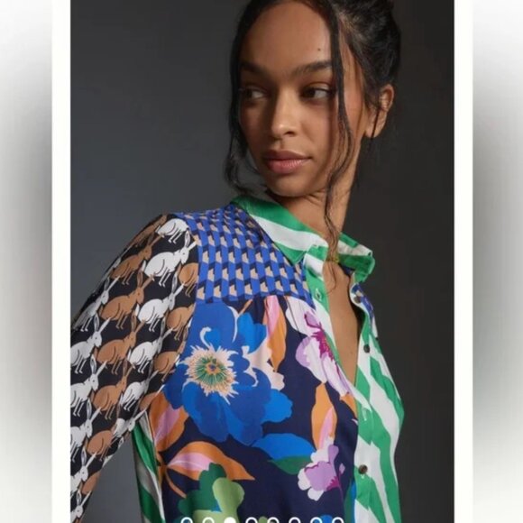 NWOT Anthropologie X Maeve The Paz Mixed Print Button Down Shirt Bunnies Size L - Picture 6 of 6